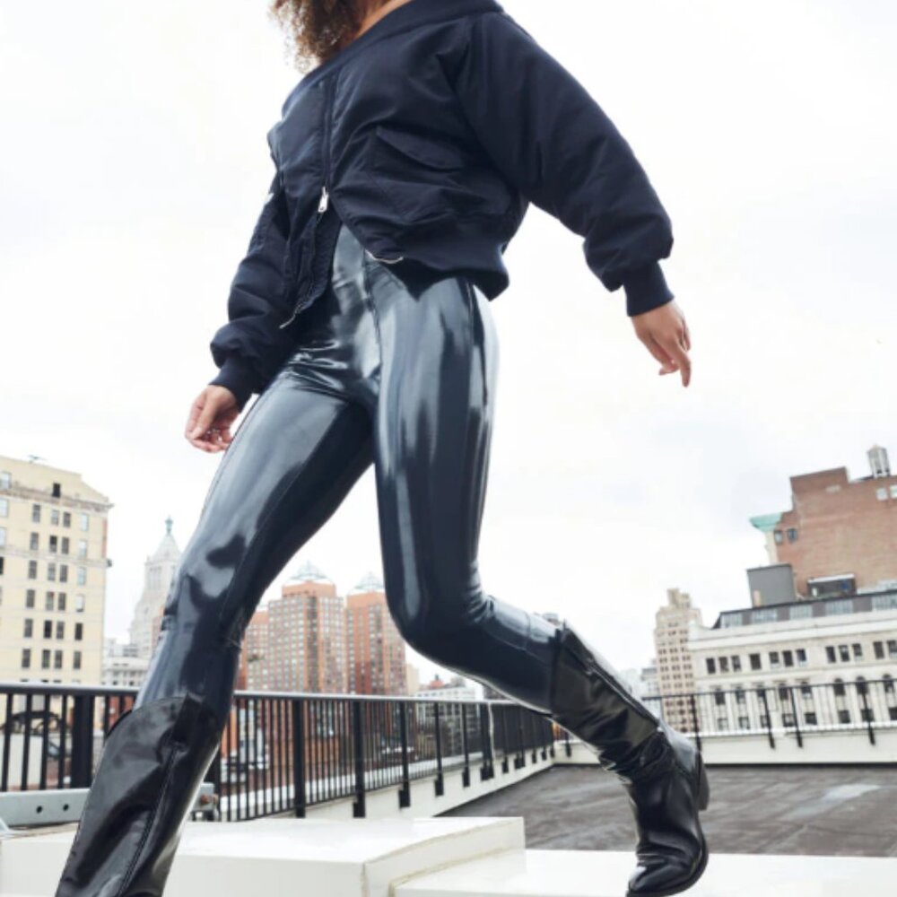 SPANX Port Navy Blue Faux Patent Leather Leggings M